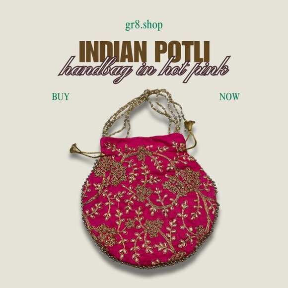 Indian Potli Handbag In Hot Pink With Gold Embroidery & Beaded Handle - Picture 1 of 4